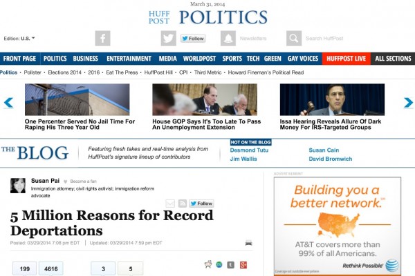 Susan Pai's immigration advocacy blog featured on front page of Huffington Post blog