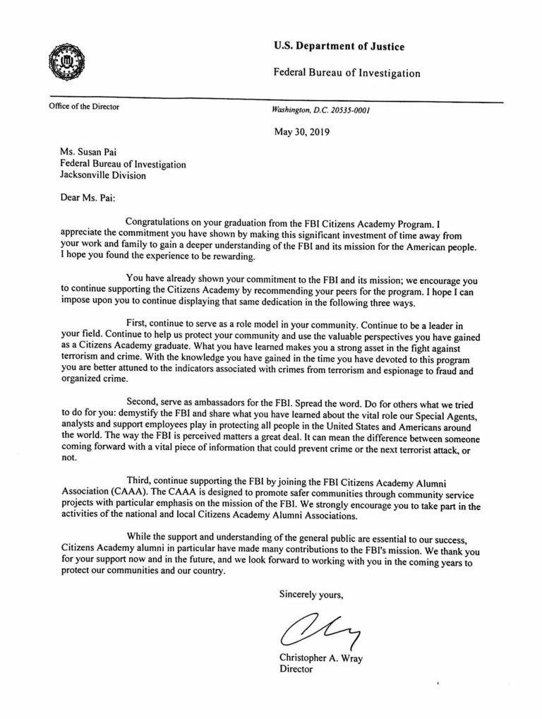 Letter From FBI Director Christopher Wray to Attorney Susan Pai