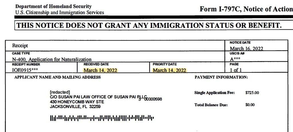 Image show form I-797, Notice of Action, Application for Naturalization. This form was received March 14, 2022. 