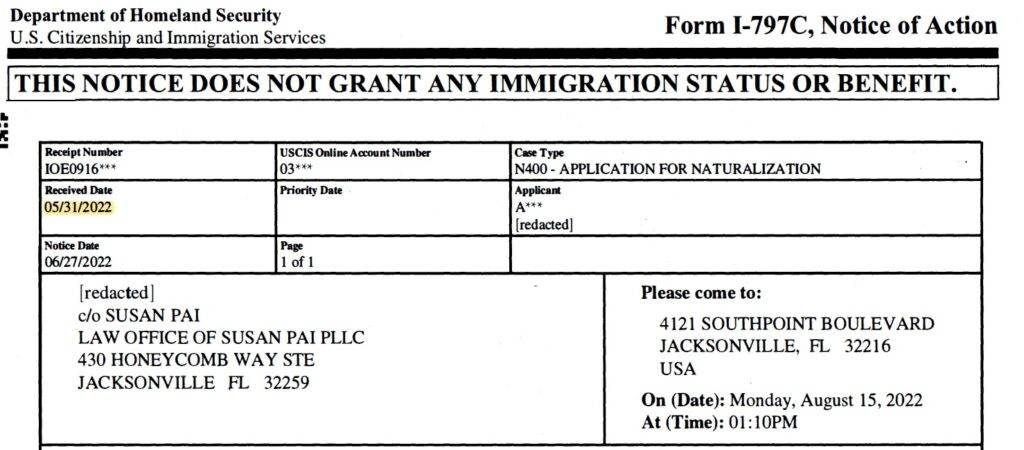 Form I-797C, Notice of Action showing received date 05/31/2022