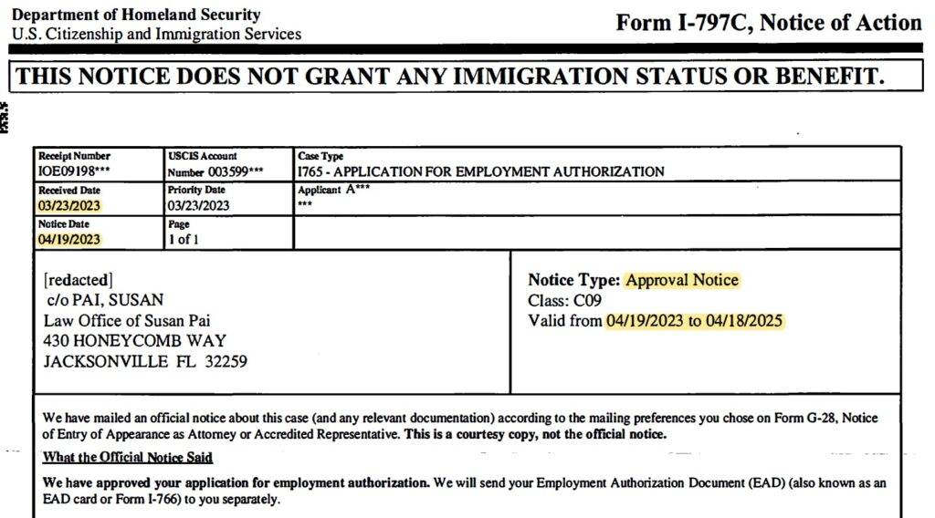 Form I-797C, Notice of Action - Application for Employment. Image shows that it was received 03/23/2023 and approved 04/19/2023.